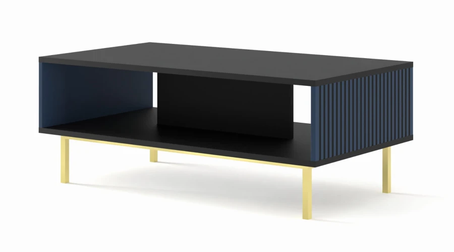 Stolik kawowy Ravenna F 90x60cm frez MDF malowany z ramą, czarny mat / granat - nogi złote metalowe proste