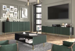 Stolik kawowy Ravenna F 90x60cm frez MDF malowany z ramą, czarny mat / zieleń - nogi czarne metalowe proste - aranżacja salonu