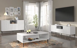 Stolik kawowy Ravenna PB 90x60cm biały mat - nogi czarne metalowe szpilka - luksusowy salon - aranżacja