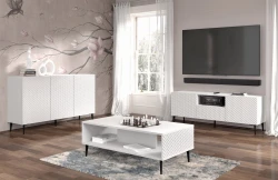 Stolik kawowy Ravenna PC Diament 90x60cm biały mat / biały połysk - nogi czarne metalowe szpilka - aranżacja białego salonu