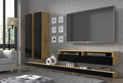 Szafka wisząca DUO 150cm, dąb artisan / czarny mat - w salonie