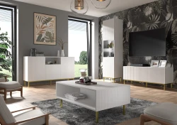 Witryna Ravenna B 1D1S 217cm, frez MDF folia, biały mat - nogi czarne metalowe - w salonie