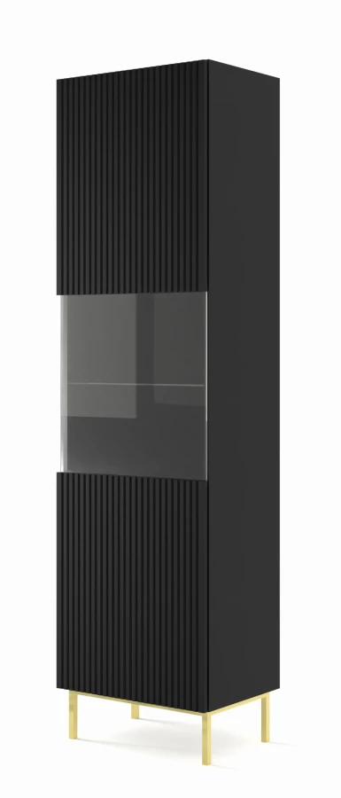 Witryna Ravenna B 1D1S 217cm, frez MDF folia, czarny mat - nogi złote metalowe