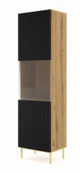 Witryna Ravenna B 1D1S 217cm, frez MDF folia, dąb artisan / czarny mat - nogi złote metalowe