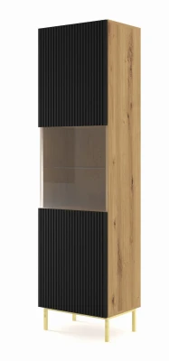 Witryna Ravenna B 1D1S 217cm, frez MDF folia, dąb artisan / czarny mat - nogi złote metalowe