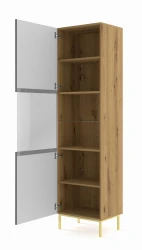 Witryna Ravenna B 1D1S 217cm, frez MDF folia, dąb artisan / czarny mat - nogi złote metalowe - otwarta