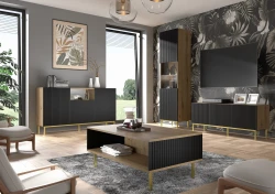 Witryna Ravenna B 1D1S 217cm, frez MDF folia, dąb artisan / czarny mat - nogi czarne metalowe - w salonie