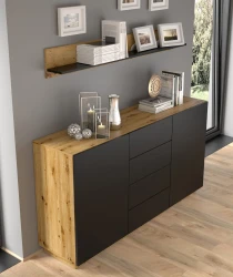 Półka wisząca Aura 120cm, czarny mat / dąb artisan - w aranżacji