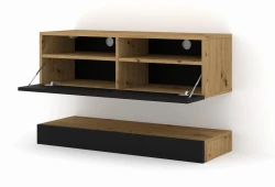 Szafka RTV nowoczesna DUO 100cm wisząca + panel dąb artisan  czarny mat - otwarta