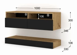 Szafka RTV nowoczesna DUO 100cm wisząca + panel dąb artisan  czarny mat - wymiary