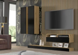 Szafka RTV nowoczesna DUO 100cm wisząca + panel dąb artisan  czarny mat - w aranżacji salonu