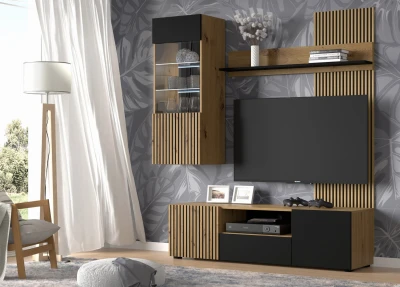 Meblościanka do salonu Auris E, dąb artisan / czarny mat