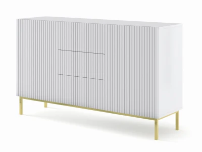 Komoda z szufladami Ravenna B 2D3S 150cm, frez MDF folia z ramą, biały mat - nogi metalowe złote