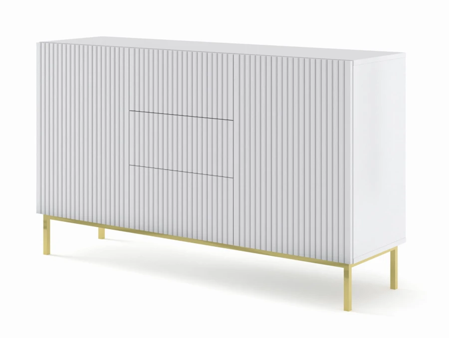 Komoda Ravenna B 2D3S 150cm, frez MDF folia z ramą, biały mat - nogi metalowe złote