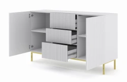 Komoda Ravenna B 2D3S 150cm, frez MDF folia z ramą, biały mat - nogi metalowe złote - otwarta