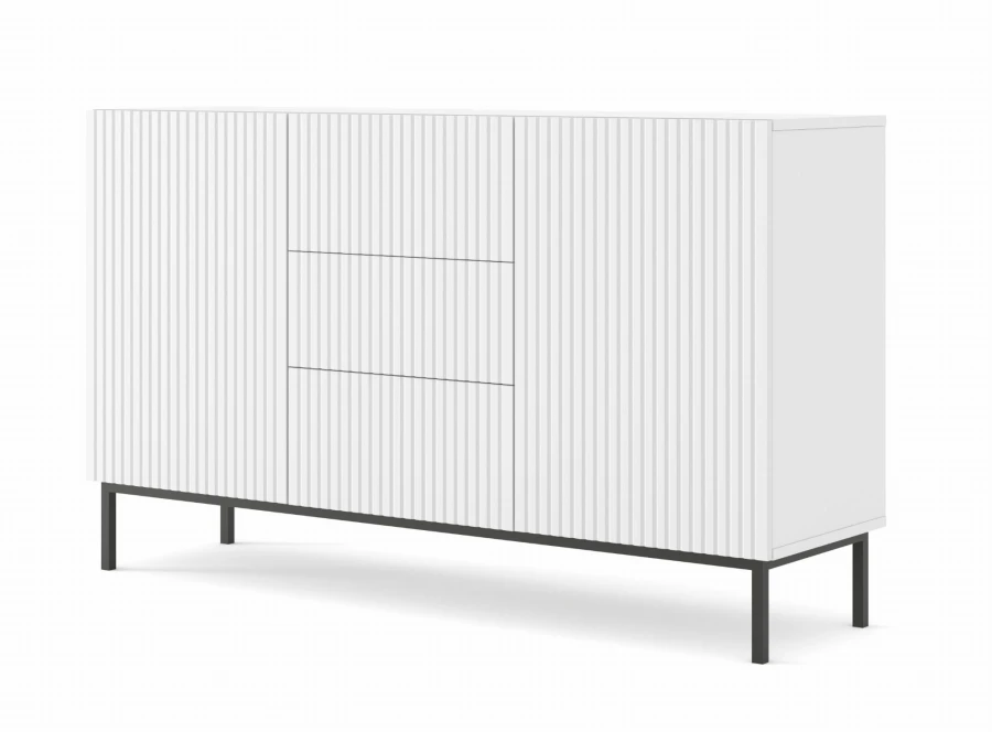 Komoda Ravenna B 2D3S 150cm, frez MDF folia z ramą, biały mat - nogi metalowe czarne