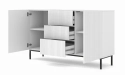 Komoda Ravenna B 2D3S 150cm, frez MDF folia z ramą, biały mat - nogi metalowe czarne - otwarta