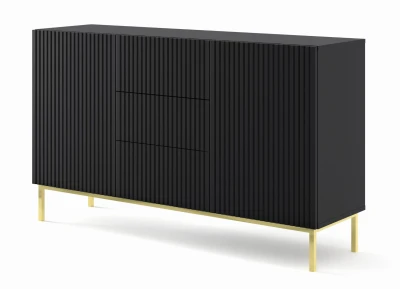 Komoda z szufladami Ravenna B 2D3S 150cm, frez MDF folia z ramą, czarny mat - nogi metalowe złote
