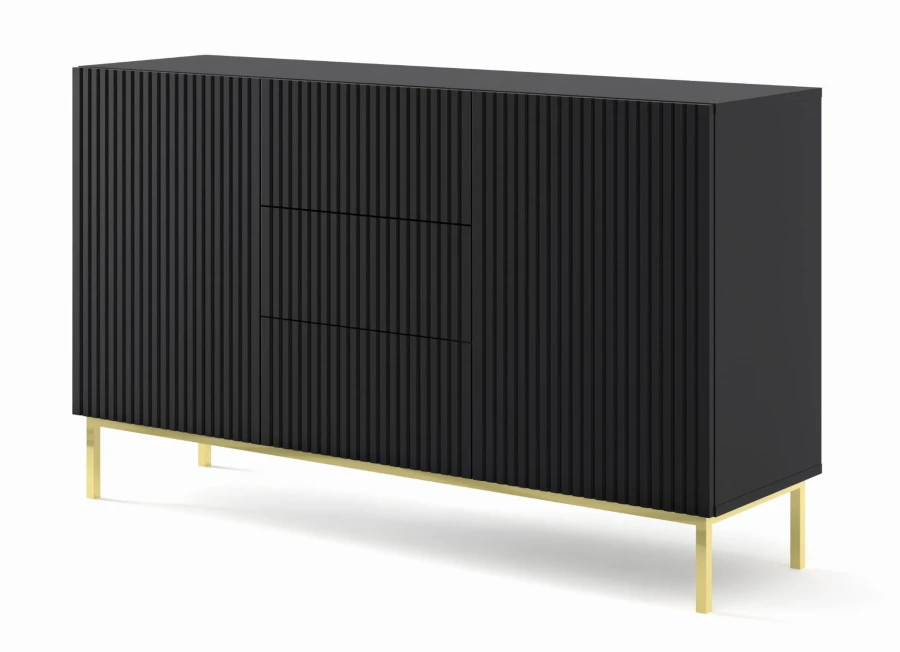 Komoda Ravenna B 2D3S 150cm, frez MDF folia z ramą, czarny mat - nogi metalowe złote