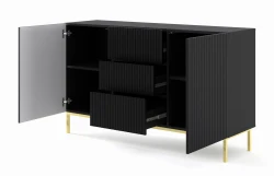 Komoda Ravenna B 2D3S 150cm, frez MDF folia z ramą, czarny mat - nogi metalowe złote - otwarta