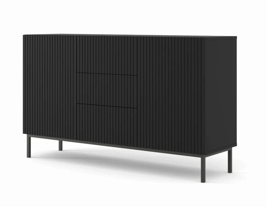 Komoda Ravenna B 2D3S 150cm, frez MDF folia z ramą, czarny mat - nogi metalowe czarne