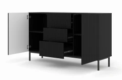 Komoda Ravenna B 2D3S 150cm, frez MDF folia z ramą, czarny mat - nogi metalowe czarne - otwarta