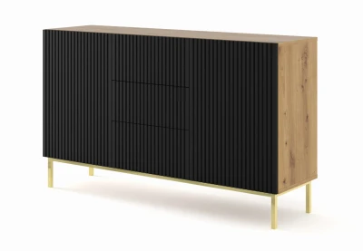 Komoda z szufladami Ravenna B 2D3S 150cm, frez MDF folia z ramą, dąb artisan / czarny mat - nogi metalowe złote