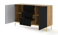 Komoda Ravenna B 2D3S 150cm, frez MDF folia z ramą, dąb artisan / czarny mat - nogi metalowe złote - otwarta