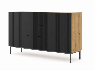 Komoda z szufladami Ravenna B 2D3S 150cm, frez MDF folia z ramą, dąb artisan / czarny mat - nogi metalowe czarne
