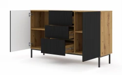 Komoda Ravenna B 2D3S 150cm, frez MDF folia z ramą, dąb artisan / czarny mat - nogi metalowe czarne - otwarta