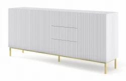 Komoda z szufladami Ravenna B 3D3S 200cm, frez MDF folia z ramą, biały mat - nogi metalowe złote