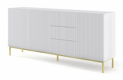 Komoda z szufladami Ravenna B 3D3S 200cm, frez MDF folia z ramą, biały mat - nogi metalowe złote
