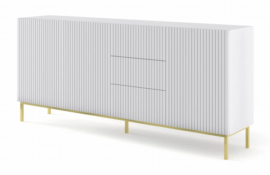 Komoda Ravenna B 3D3S 200cm, frez MDF folia z ramą, biały mat - nogi metalowe złote