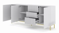 Komoda Ravenna B 3D3S 200cm, frez MDF folia z ramą, biały mat - nogi metalowe złote - otwarta