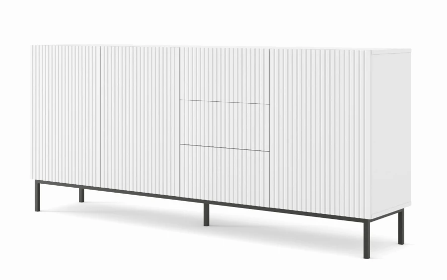 Komoda Ravenna B 3D3S 200cm, frez MDF folia z ramą, biały mat - nogi metalowe czarne