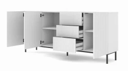 Komoda Ravenna B 3D3S 200cm, frez MDF folia z ramą, biały mat - nogi metalowe czarne - otwarta