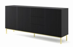 Komoda z szufladami Ravenna B 3D3S 200cm, frez MDF folia z ramą, czarny mat - nogi metalowe złote