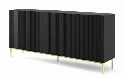 Komoda z szufladami Ravenna B 3D3S 200cm, frez MDF folia z ramą, czarny mat - nogi metalowe złote