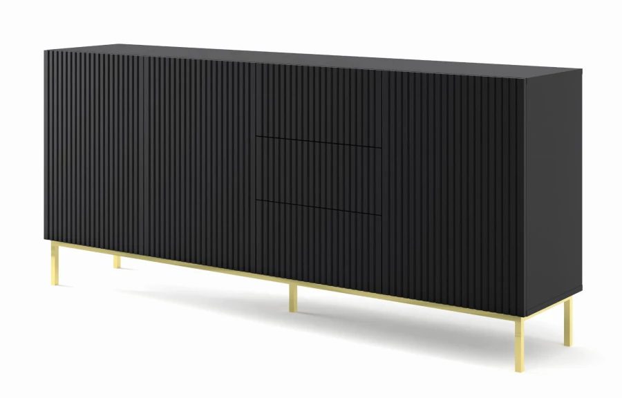 Komoda Ravenna B 3D3S 200cm, frez MDF folia z ramą, czarny mat - nogi metalowe złote