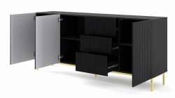 Komoda Ravenna B 3D3S 200cm, frez MDF folia z ramą, czarny mat - nogi metalowe złote - otwarta