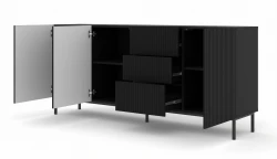 Komoda Ravenna B 3D3S 200cm, frez MDF folia z ramą, czarny mat - nogi metalowe czarne - otwarta