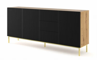 Komoda z szufladami Ravenna B 3D3S 200cm, frez MDF folia z ramą, dąb artisan / czarny mat - nogi metalowe złote