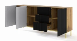 Komoda Ravenna B 3D3S 200cm, frez MDF folia z ramą, dąb artisan / czarny mat - nogi metalowe złote - otwarta