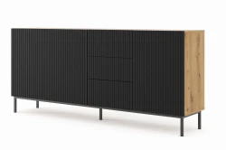 Komoda Ravenna B 3D3S 200cm, frez MDF folia z ramą, dąb artisan / czarny mat - nogi metalowe czarne