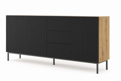 Komoda z szufladami Ravenna B 3D3S 200cm, frez MDF folia z ramą, dąb artisan / czarny mat - nogi metalowe czarne