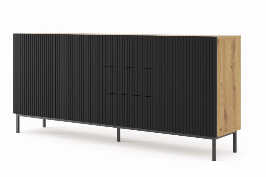 Komoda Ravenna B 3D3S 200cm, frez MDF folia z ramą, dąb artisan / czarny mat - nogi metalowe czarne