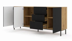 Komoda Ravenna B 3D3S 200cm, frez MDF folia z ramą, dąb artisan / czarny mat - nogi metalowe czarne - otwarta