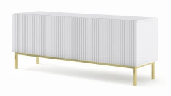 Szafka RTV Ravenna B 150cm 3D, frez MDF folia z ramą, biały mat - nogi metalowe złote