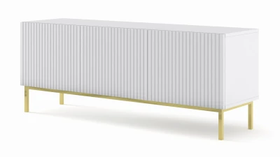 Szafka RTV Ravenna B 150cm 3D, frez MDF folia z ramą, biały mat - nogi metalowe złote