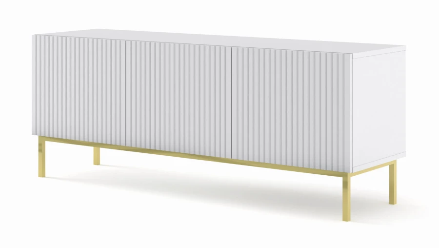 Szafka RTV Ravenna B 150cm 3D, frez MDF folia z ramą, biały mat - nogi metalowe złote